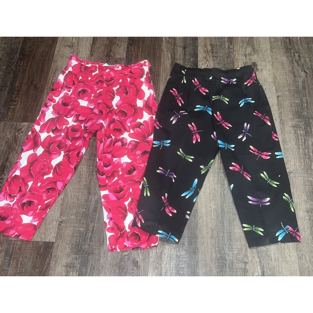 2 Vintage Briggs~14~Multi Floral Capri Dress Pants Womens USA